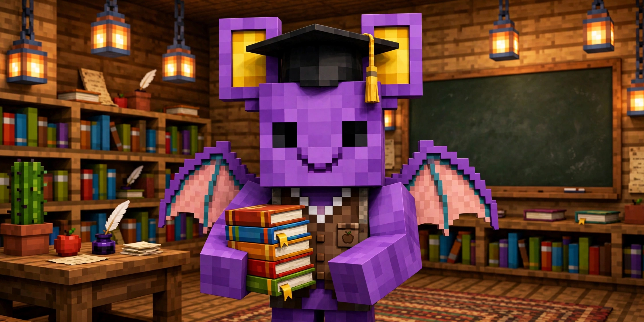 Pip the bat wearing a graduation cap and holding a puzzle piece