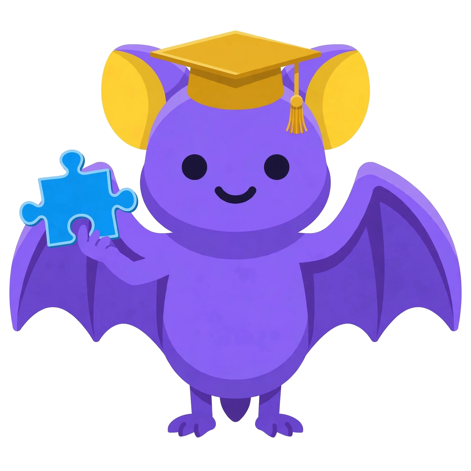 Pip the bat wearing a graduation cap and holding a puzzle piece